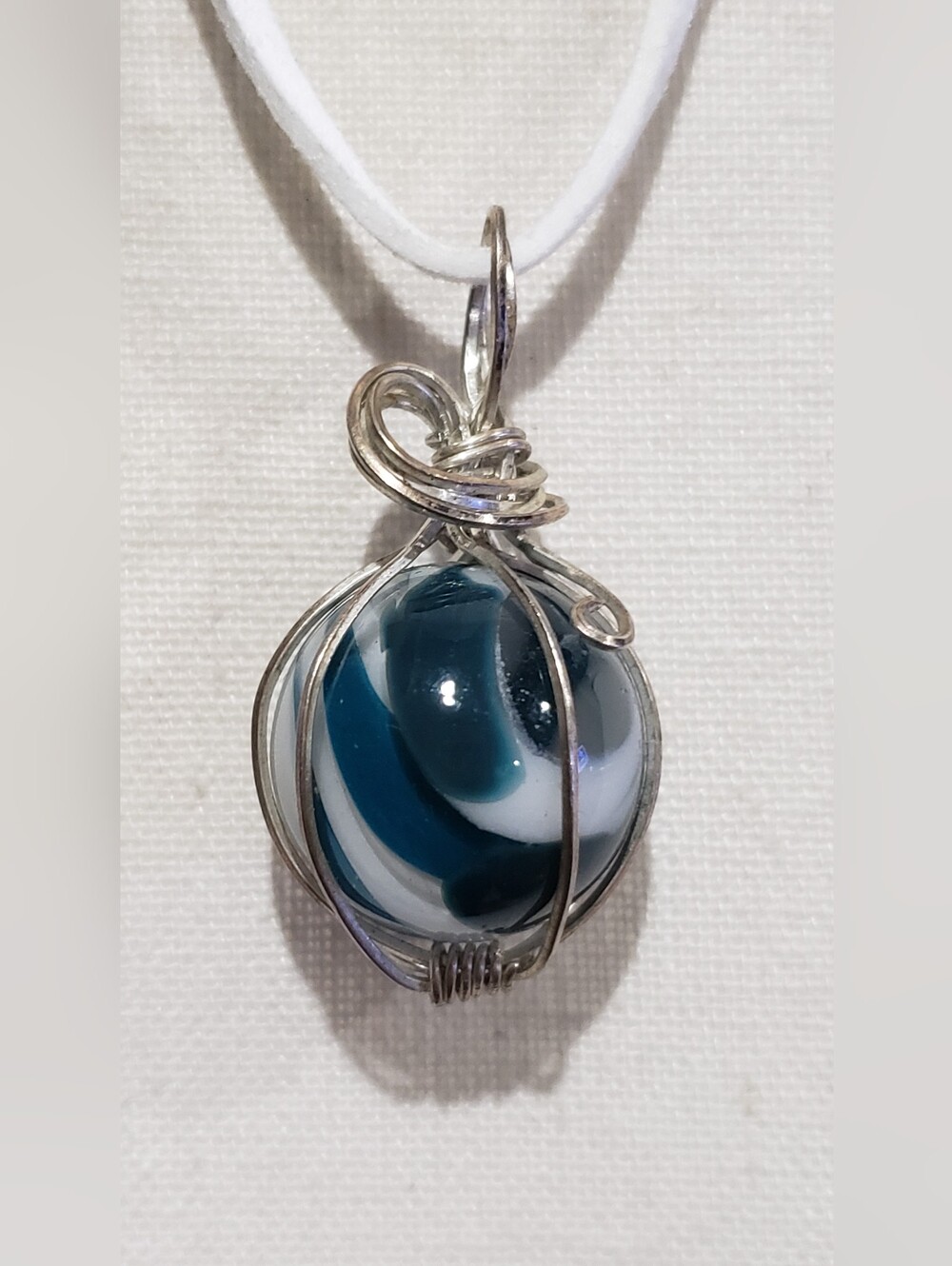 Handmade Silver Wire Wrapped Navy and White Glass Pendant Necklace